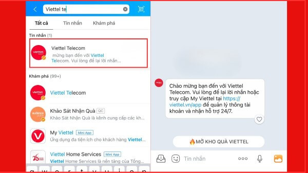 Tìm tài khoản Viettel Telecom trên Zalo để được hỗ trợ