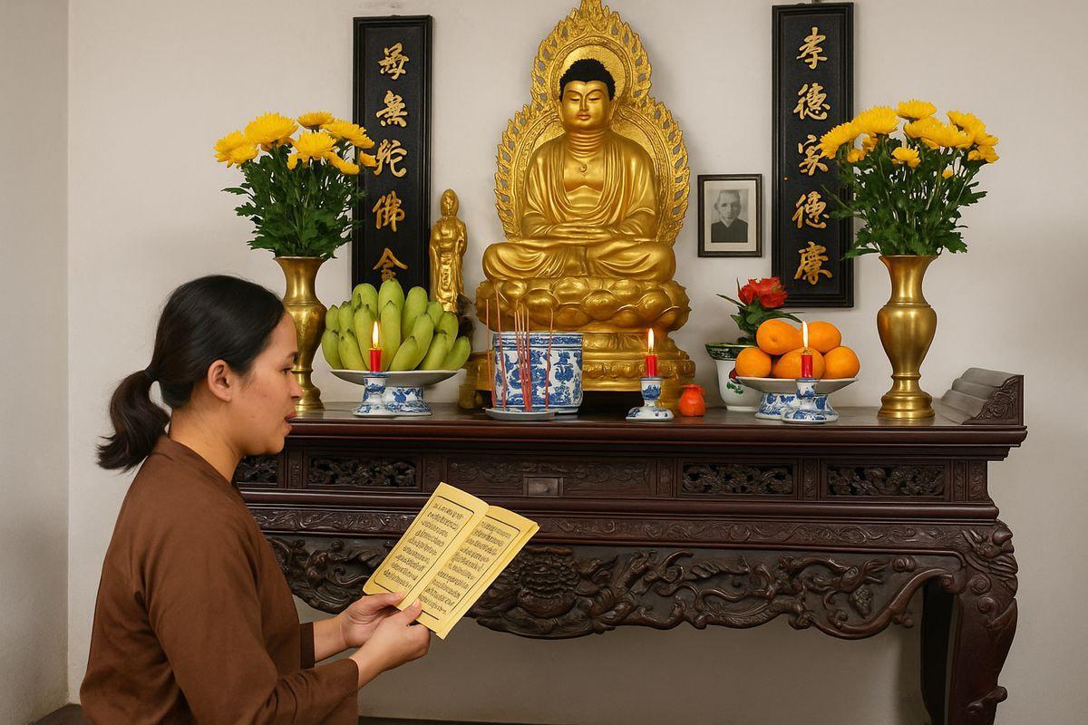 Sách kinh Phật giáo và không gian đọc tụng trang nghiêm