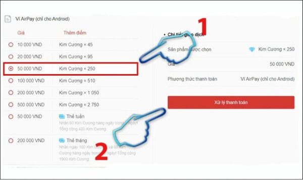 Chọn gói kim cương hoặc mệnh giá cần mua