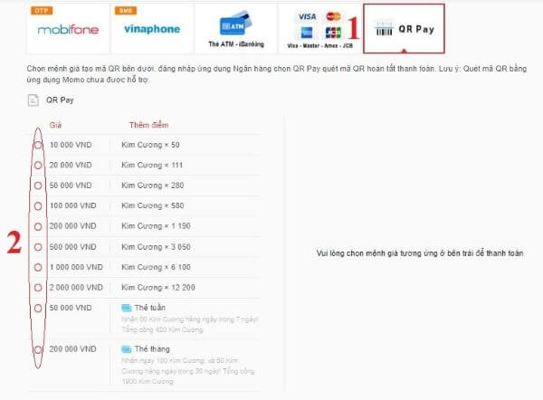 Chọn phương thức QR Pay và chọn mệnh giá cần nạp