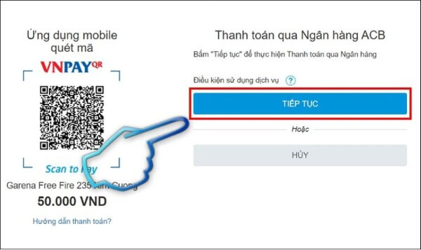 Tiến hành thanh toán và nhấn Tiếp tục