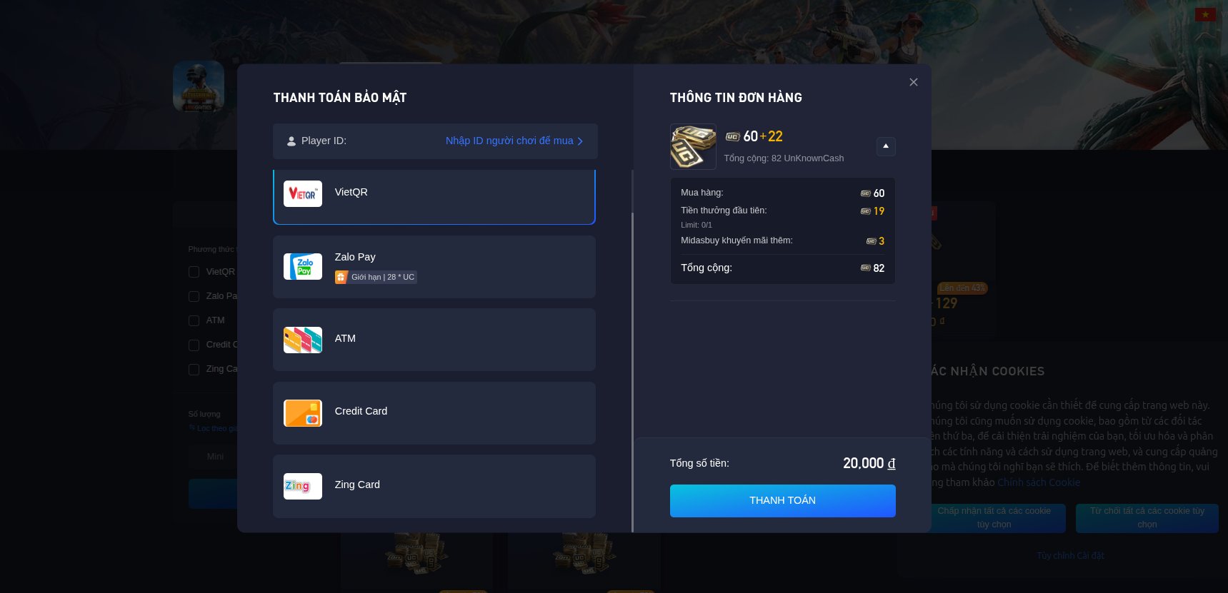 Người chơi có thể thanh toán để nạp PUBG qua nhiều phương thức khác nhau