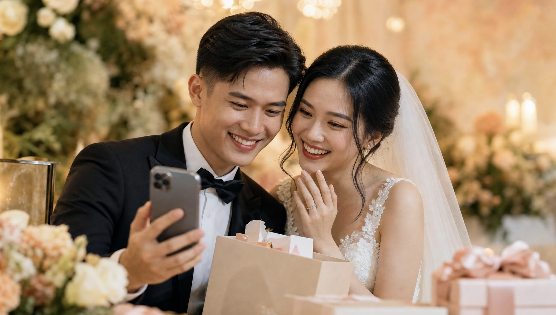 Những lời chúc mừng và món quà gửi từ xa vẫn mang đến niềm vui và sự ấm áp cho cô dâu, chú rể