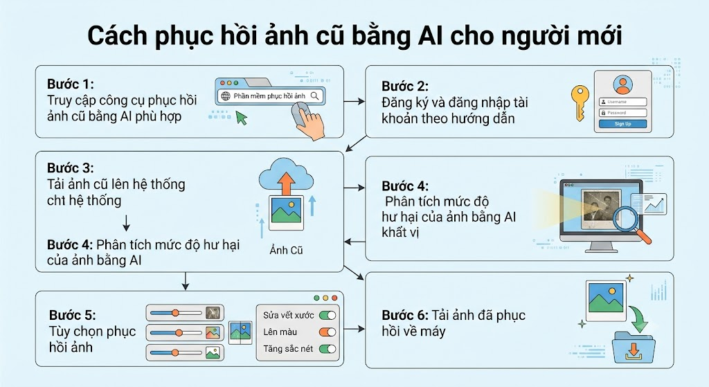 Nhìn chung, cách khôi phục ảnh cũ bằng AI bao gồm 6 bước cơ bản