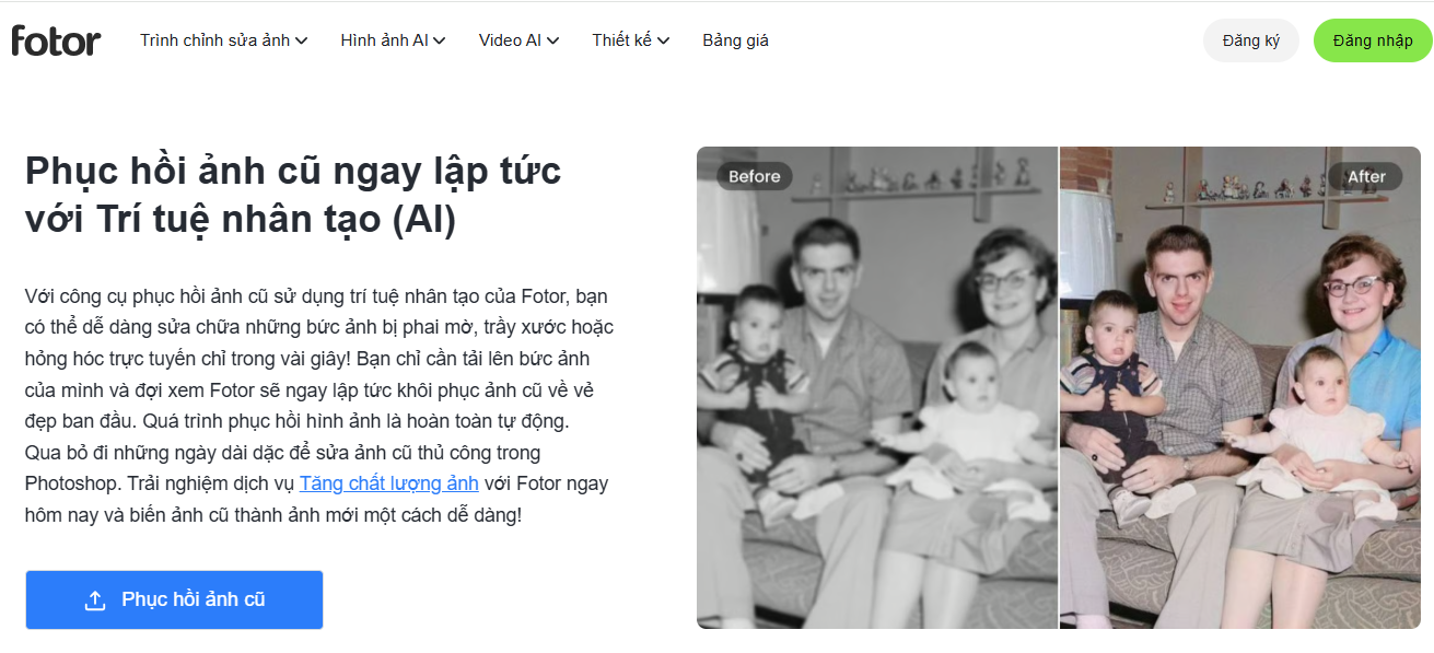 Fotor là công cụ phục hồi ảnh cũ bằng AI trực tuyến tiện lợi