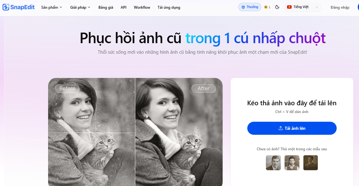 SnapEdit cho phép bạn phục hồi ảnh cũ nhanh chóng chỉ với 1 cú nhấp chuột