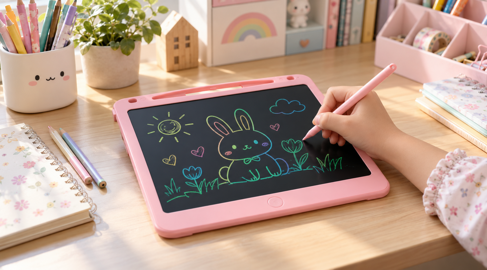 Bảng vẽ thông minh LCD giúp bé luyện khả năng cầm bút và tư duy hình ảnh.