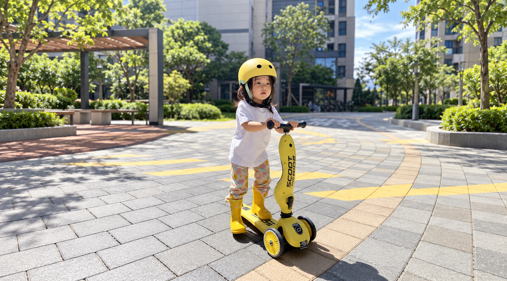 Xe scooter mang đến cho bé những giờ vui chơi năng động ngoài trời.