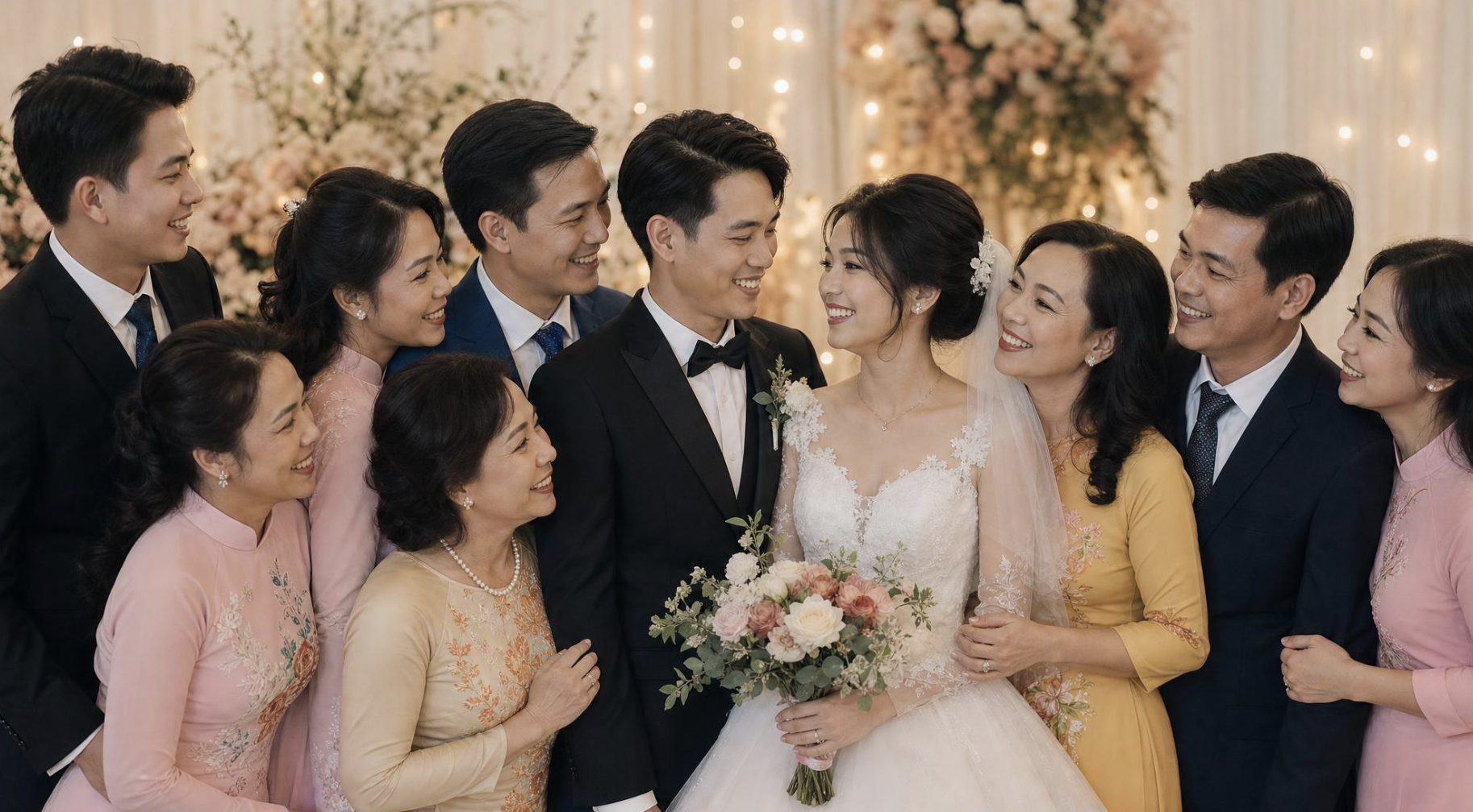 Sự hiện diện của bạn bè và người thân góp phần tạo nên những kỷ niệm ấm áp, đáng trân trọng trong ngày cưới