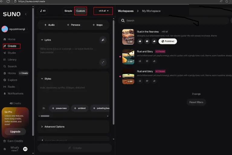 Bật chế độ Custom trong mục Create