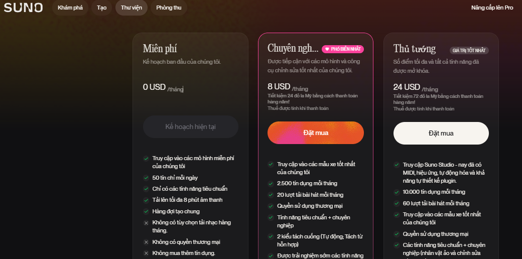 Gói miễn phí của Suno AI cho phép 5 lần thực hiện lệnh tạo nhạc mỗi ngày