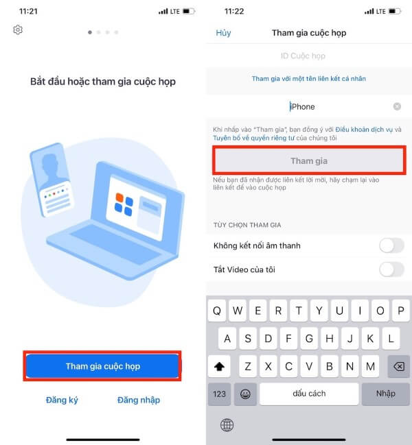 Chọn Tham gia cuộc họp và nhập Meeting ID