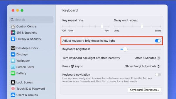 Bật mục Adjust keyboard brightness in low light