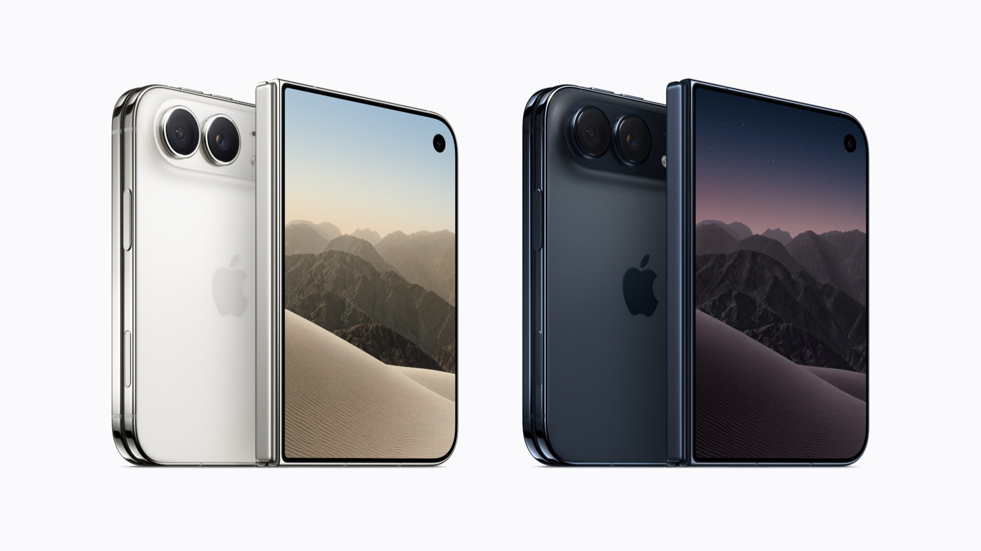 Cận cảnh hai tùy chọn màu sắc Trời Đêm và Trắng Ánh Sao của iPhone Duo, kết hợp giữa cấu trúc gập titan bền bỉ và mặt kính Ceramic Shield