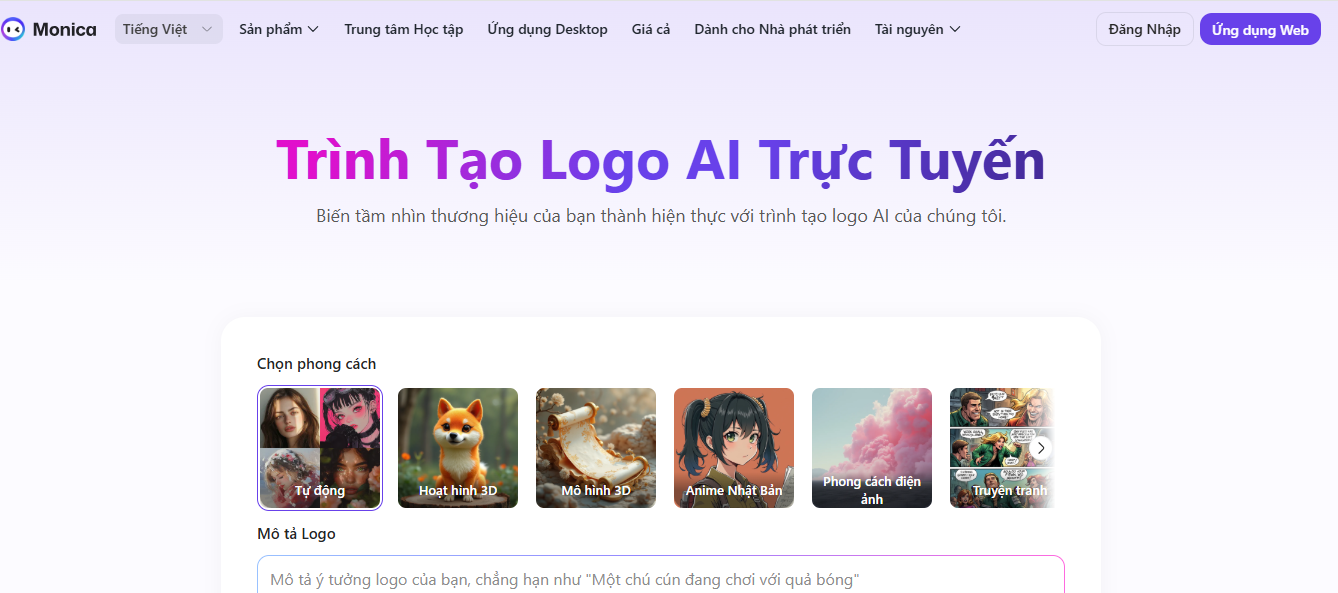 Monica cho phép bạn tạo logo AI trực tuyến nhanh chóng