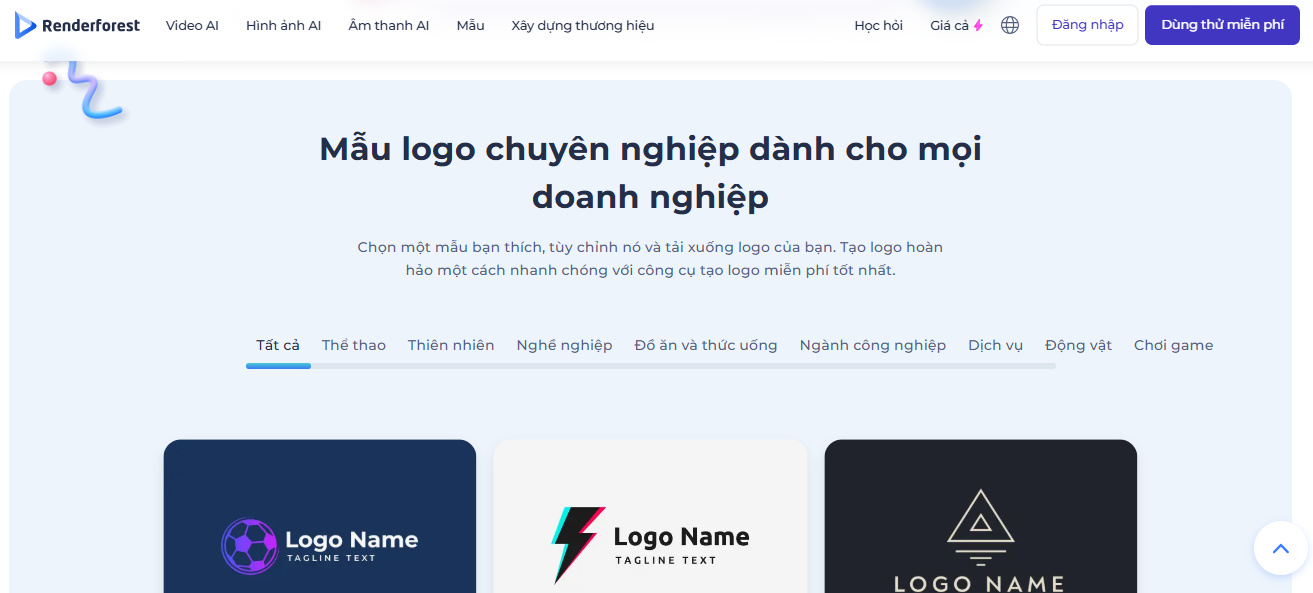 Renderforest Logo Maker có kho logo mẫu đa dạng theo từng lĩnh vực
