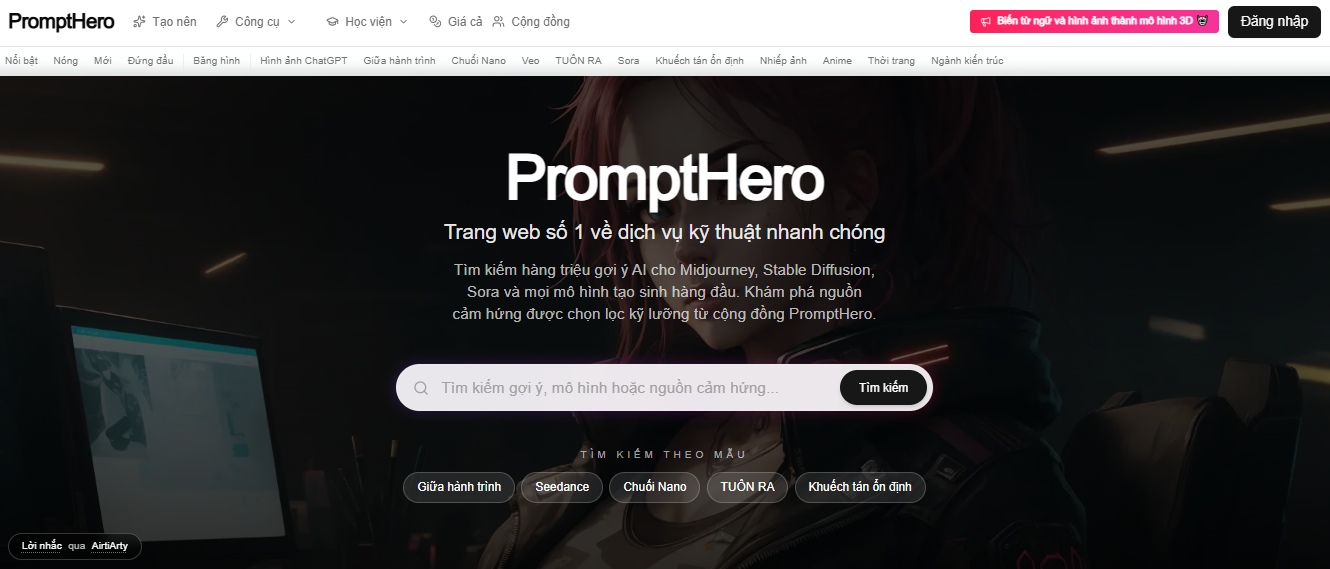 PromptHero là công cụ AI tạo prompt nghệ thuật miễn phí