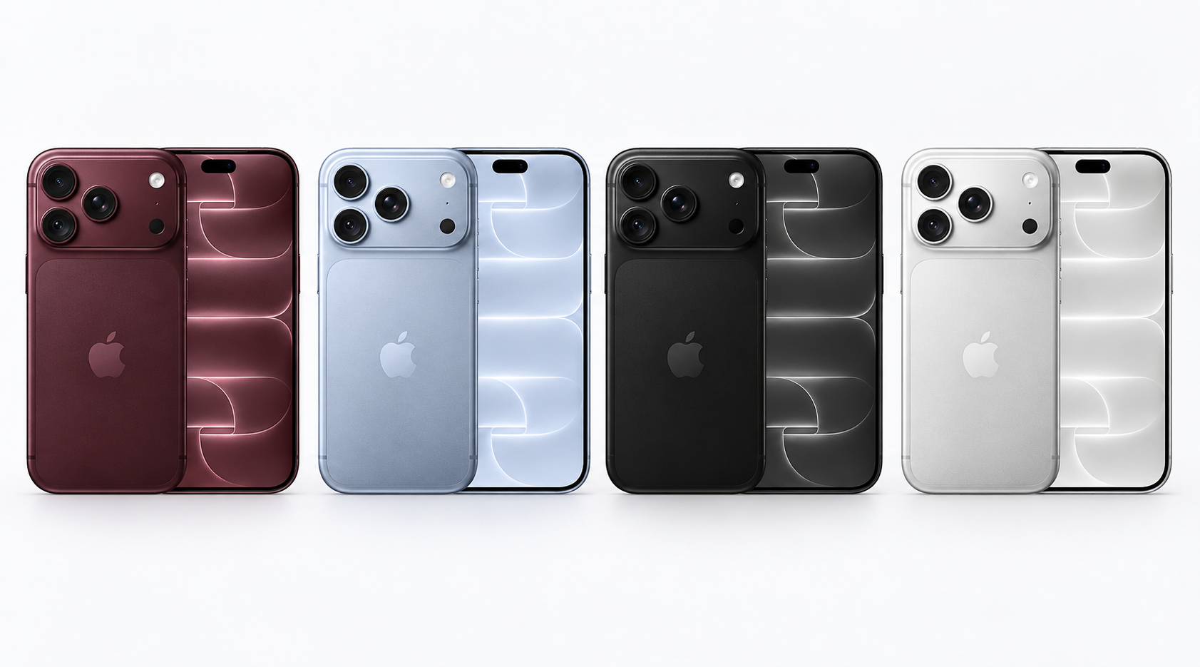 Minh họa 4 màu sắc: Đen, Bạc, Băng Thanh và Đỏ Burgundy của iPhone 18 Pro Max
