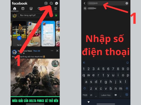 Mở Facebook và nhập số điện thoại vào thanh Tìm kiếm