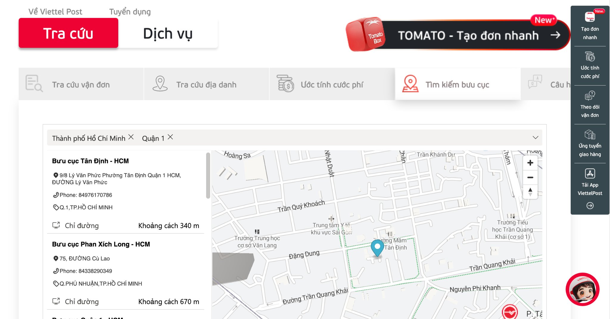 Website Viettel Post hỗ trợ khách hàng tra cứu mạng lưới bưu cục và thông tin điểm phục vụ