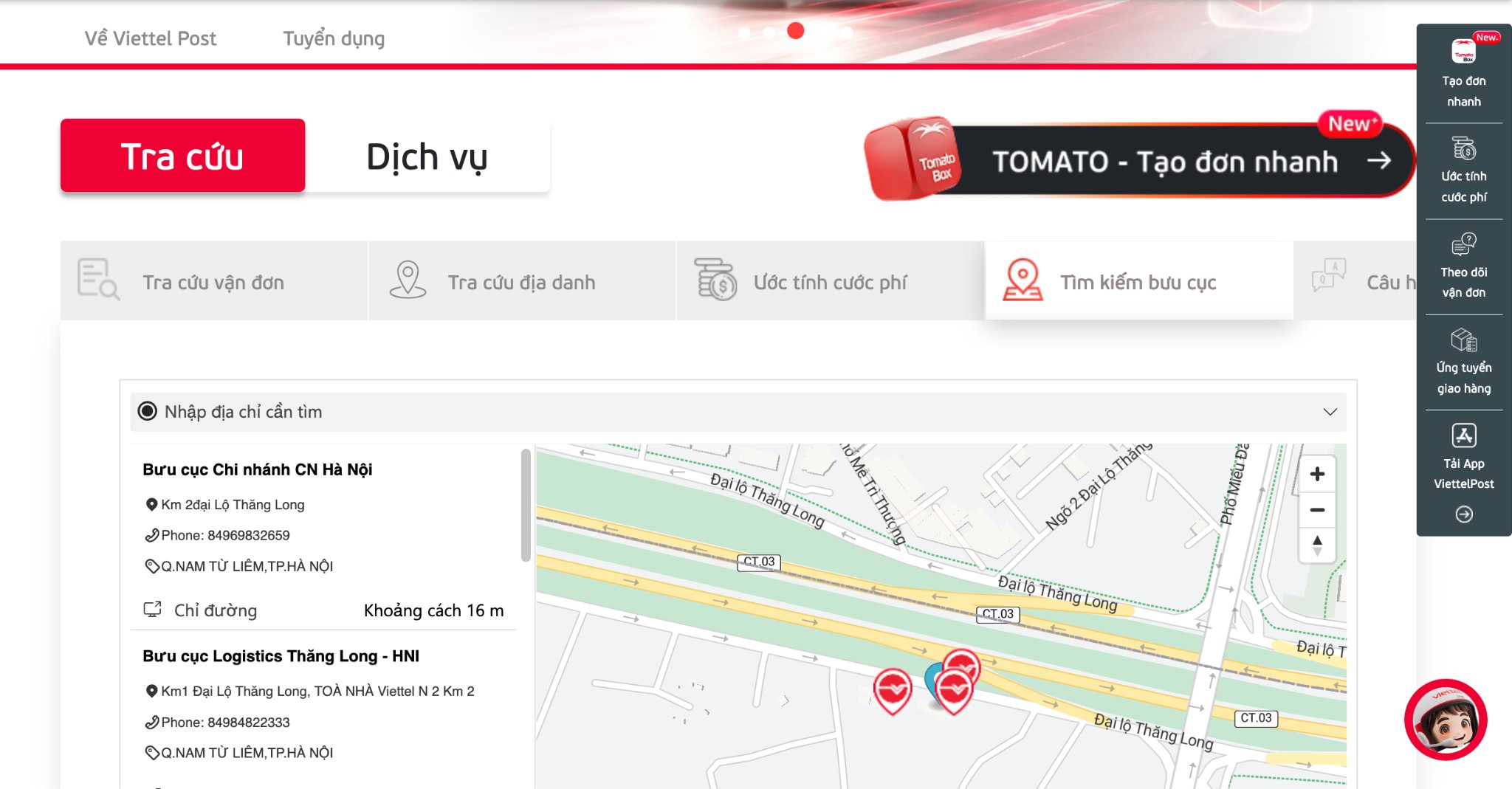 Website Viettel Post hỗ trợ khách hàng tìm kiếm thông tin bưu cục theo từng khu vực